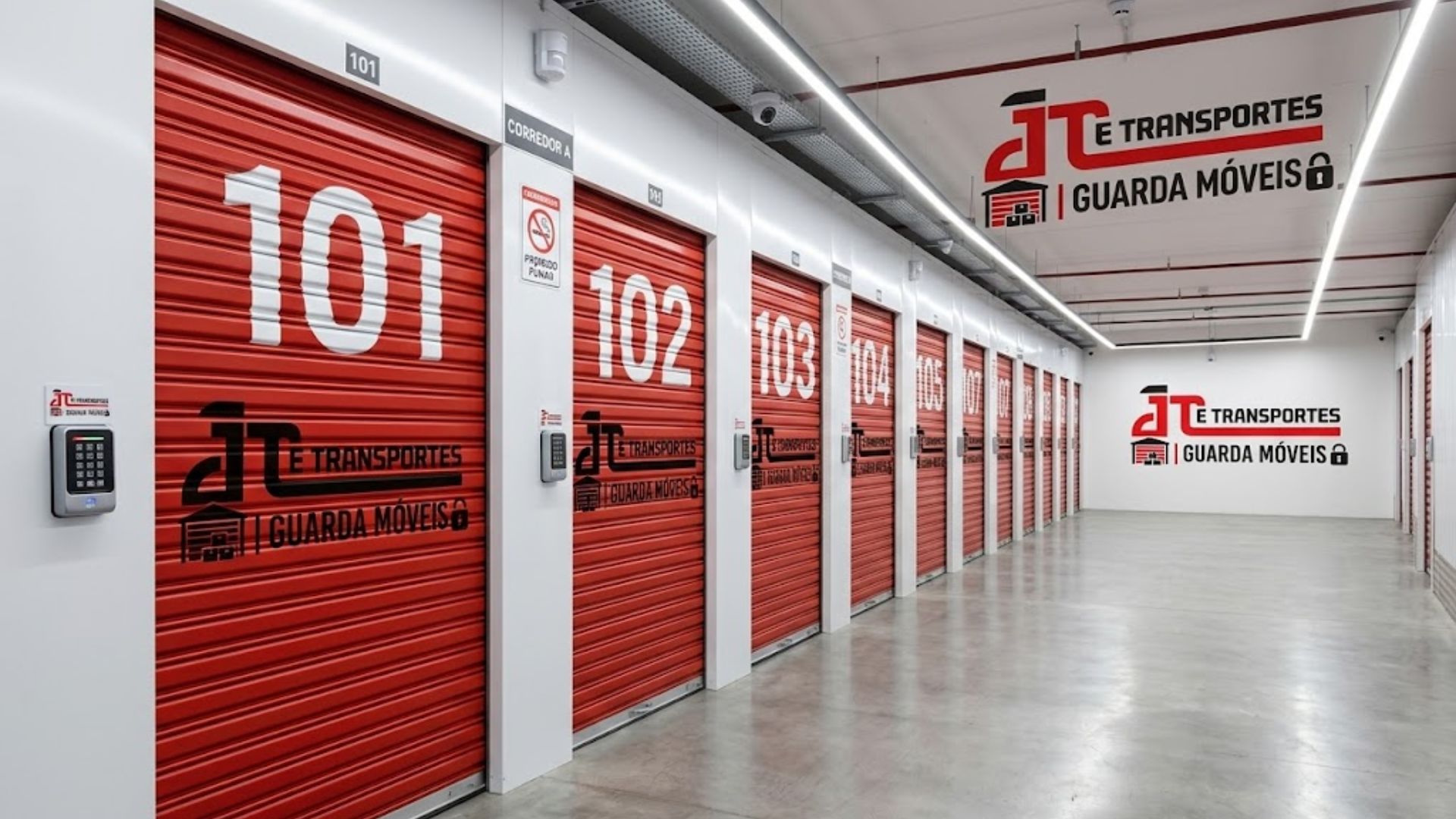 Corredor com boxes numerados da JTE Guarda Móveis