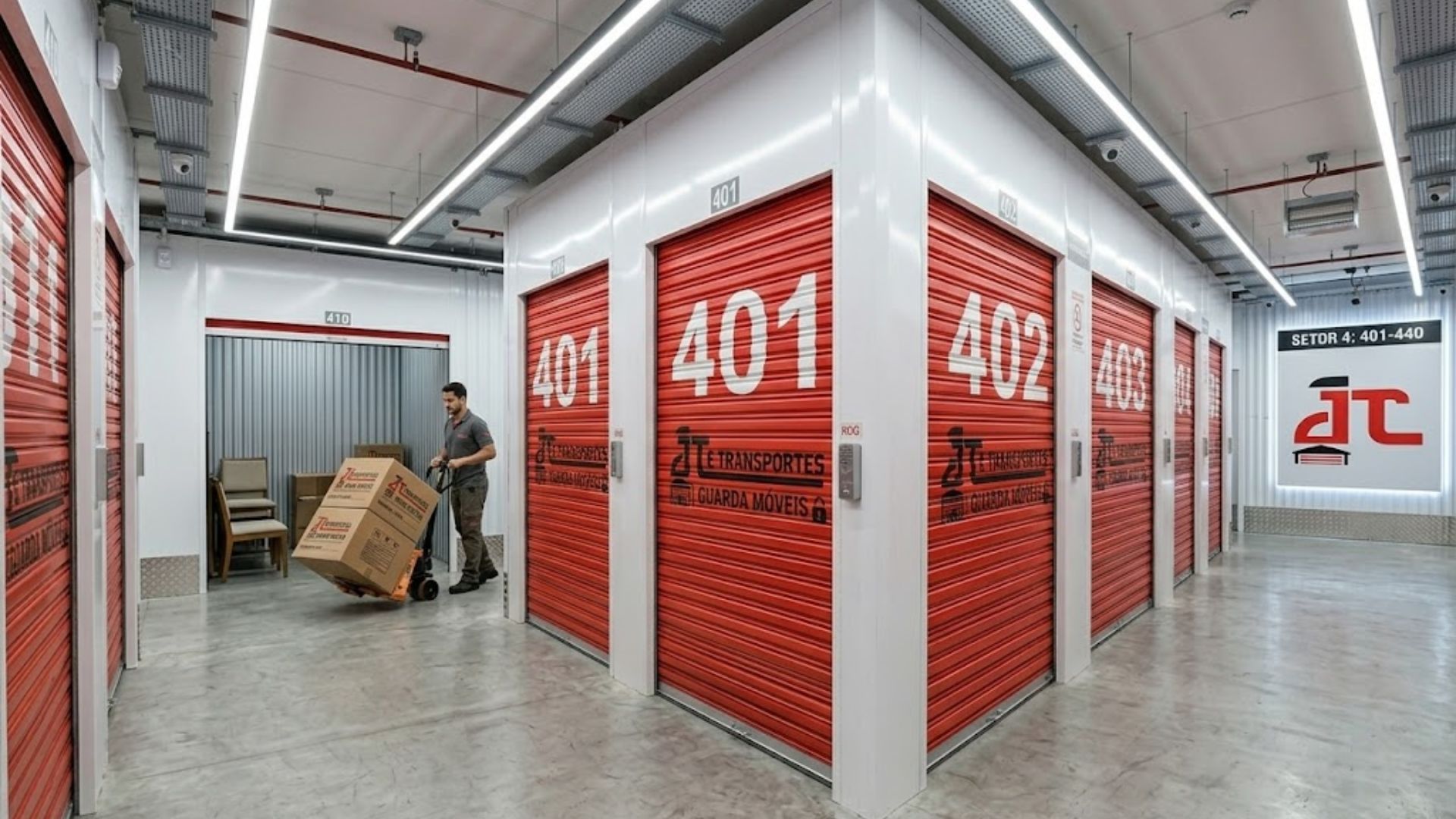 Setor interno com boxes vermelhos da JTE Guarda Móveis